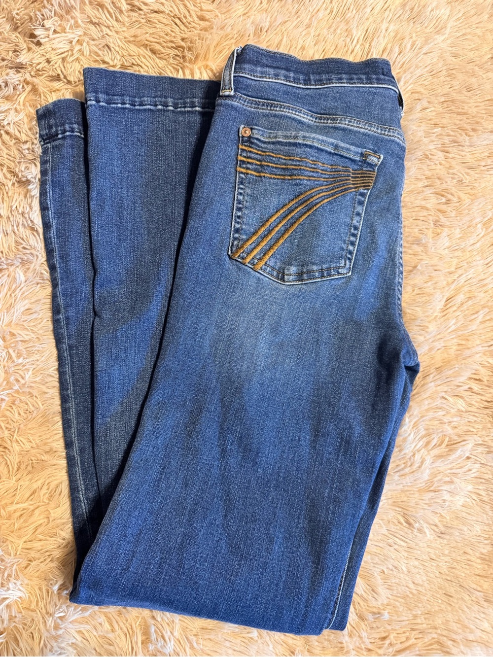7 For All Mankind Women's Dojo Jeans in Dark Blue with Gold Stitching